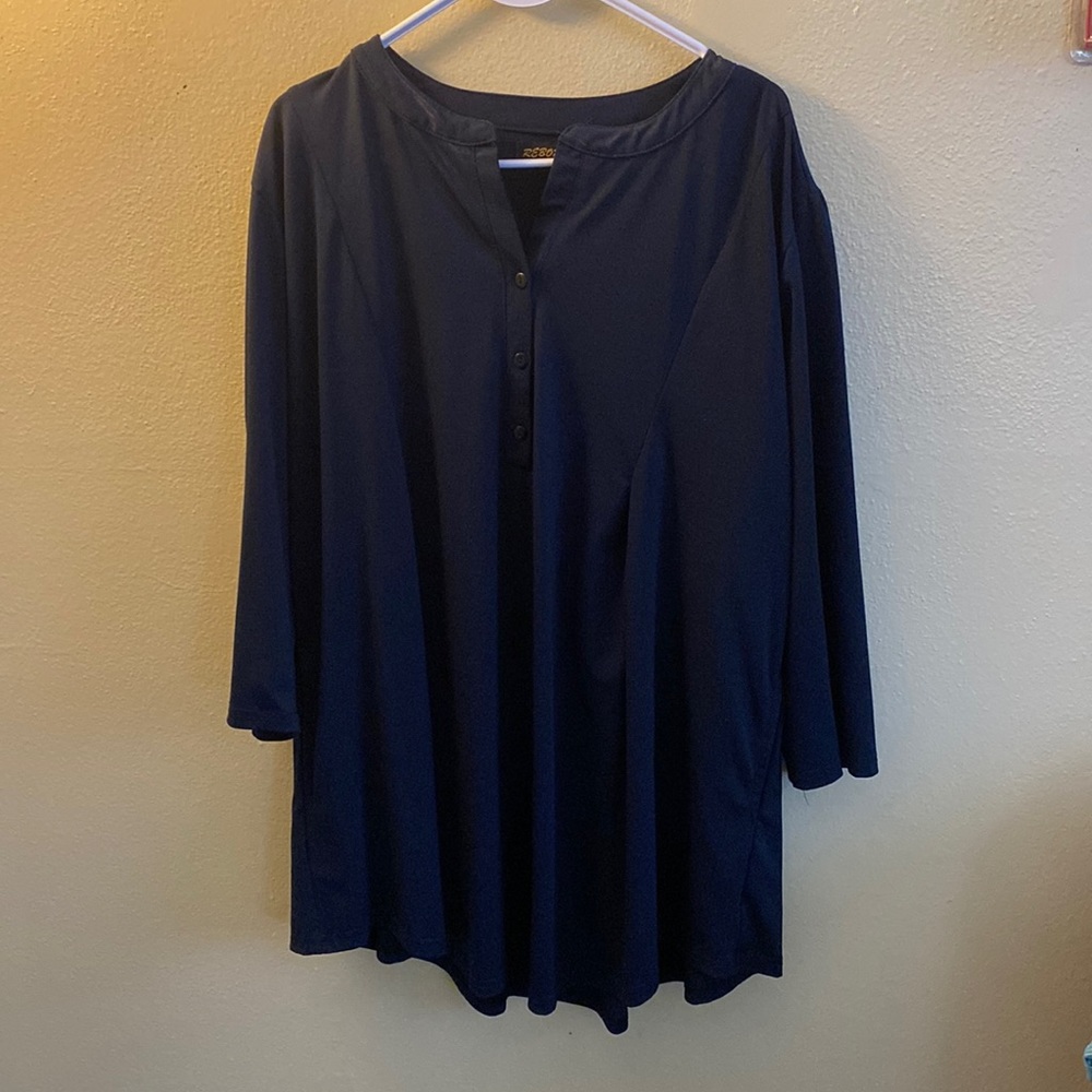 Dark blue blouse with 3/4 length sleeves and half button down front.